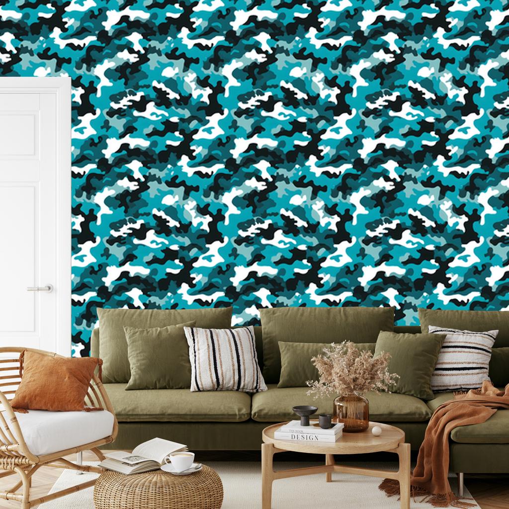Turquoise and White Military Camouflage Wallpaper for Living Room and Bedroom 50x1000