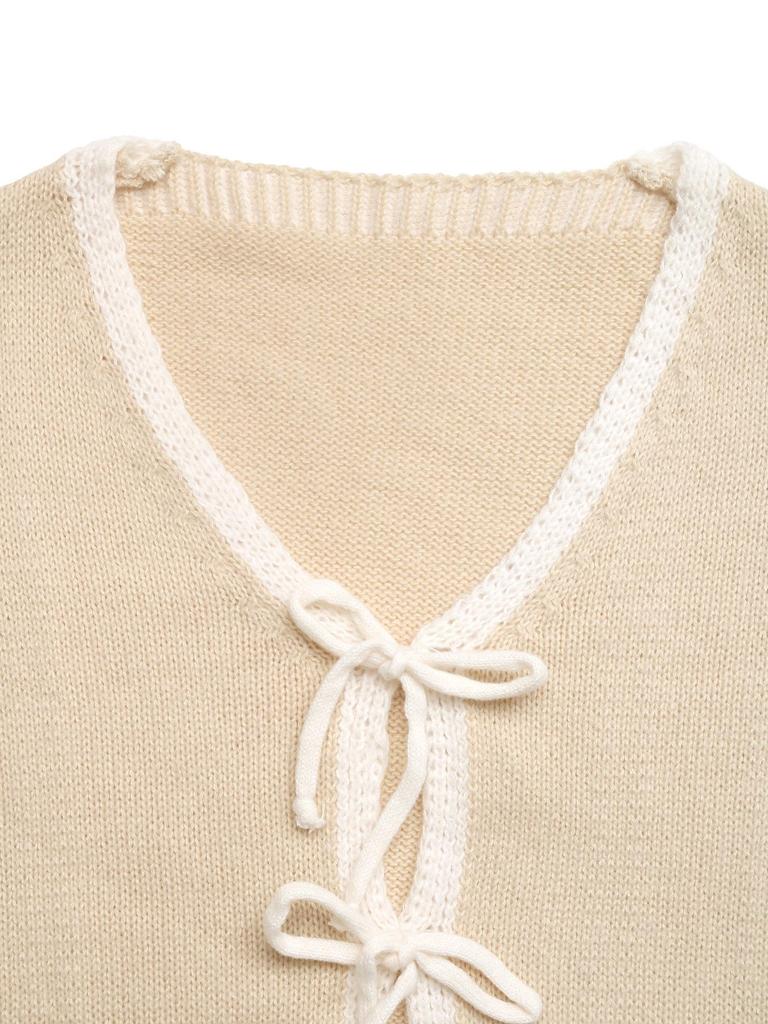 European 2026 Autumn/Winter Elegant Color Block Cardigan with Bow Tie and Piping Details