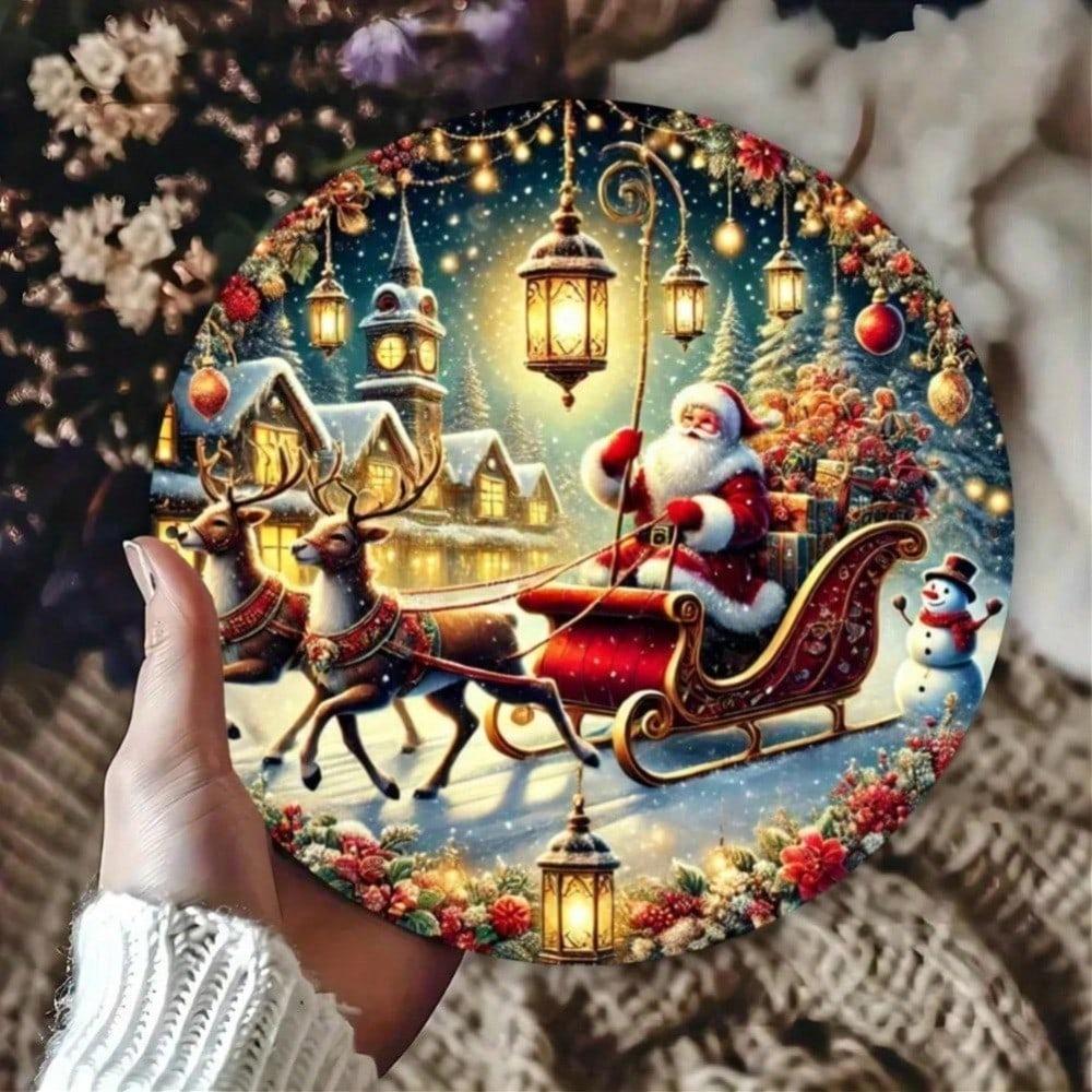 Christmas Santa Reindeer Round Metal Sign Vintage Wall Decor For Home Bar Cafe