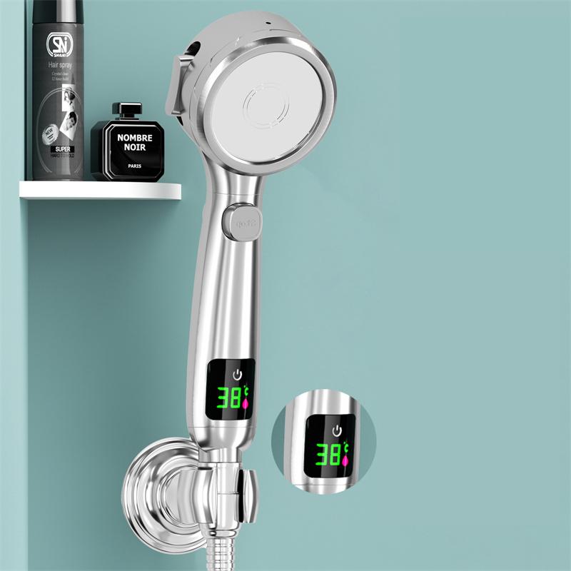 

Температура Цифровой светодиодный дисплей Душевая головка Водосберегающая душевая головка для детской и взрослой ванной комнаты 4 режима Регулируемая струя Душевые головки серебряный