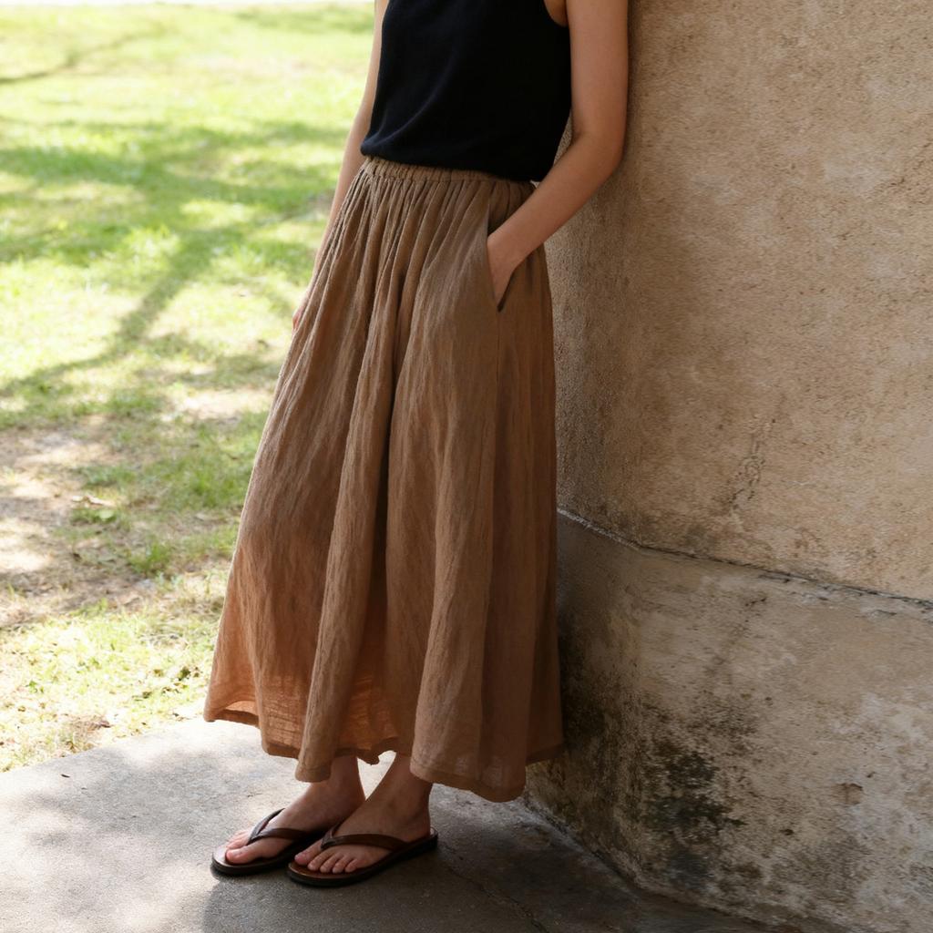 Johnature Women Skirts Summer Chinese Style Elastic Waist Solid Color Soft Female Loose A-Line Skirts