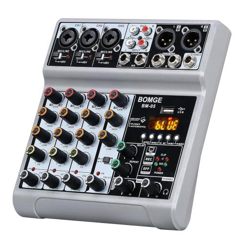 BOMGE Audio Mixer, 5-Channel Digital USB Bluetooth Soundboard Mixing Console with Echo Delay Effects, 48V Phantom Power Stereo DJ Mixer for Recording,