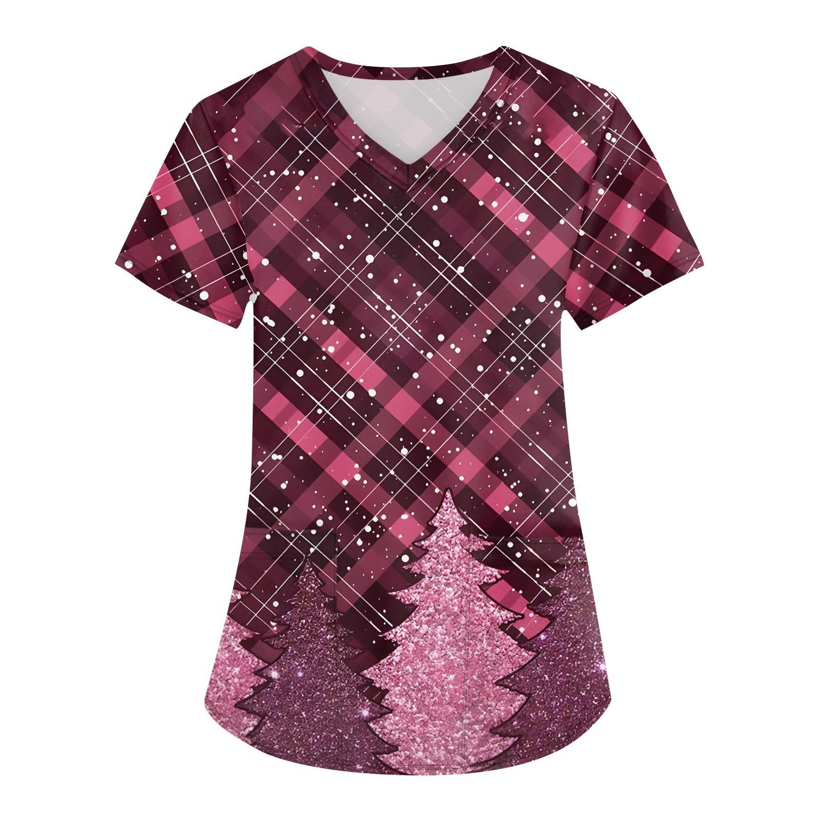 

Женская мода с v-образным вырезом, короткими рукавами и карманами, топы с рождественским принтом L розовый