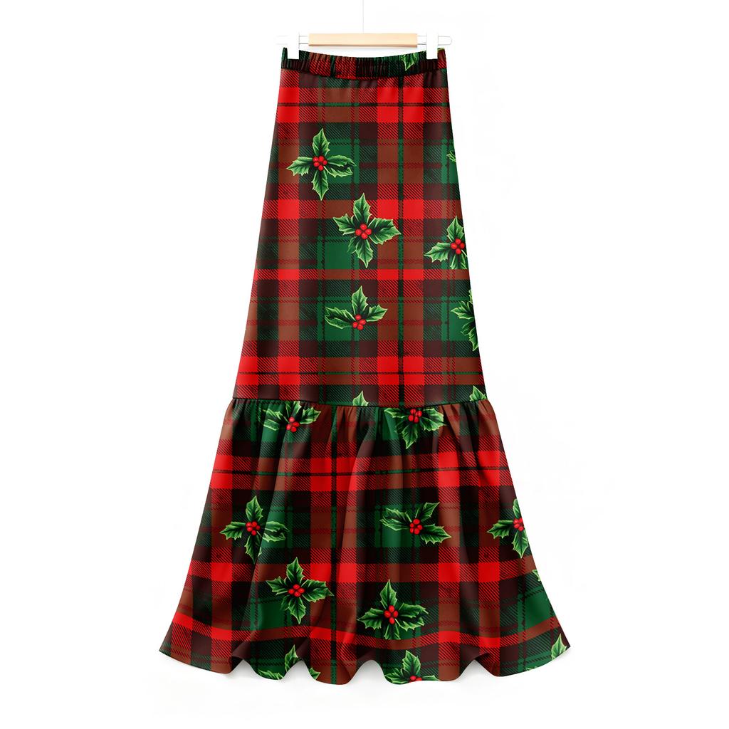 Women's Ruffled Casual Long Skirt Plaid Skirt Retro Pleated Skirt