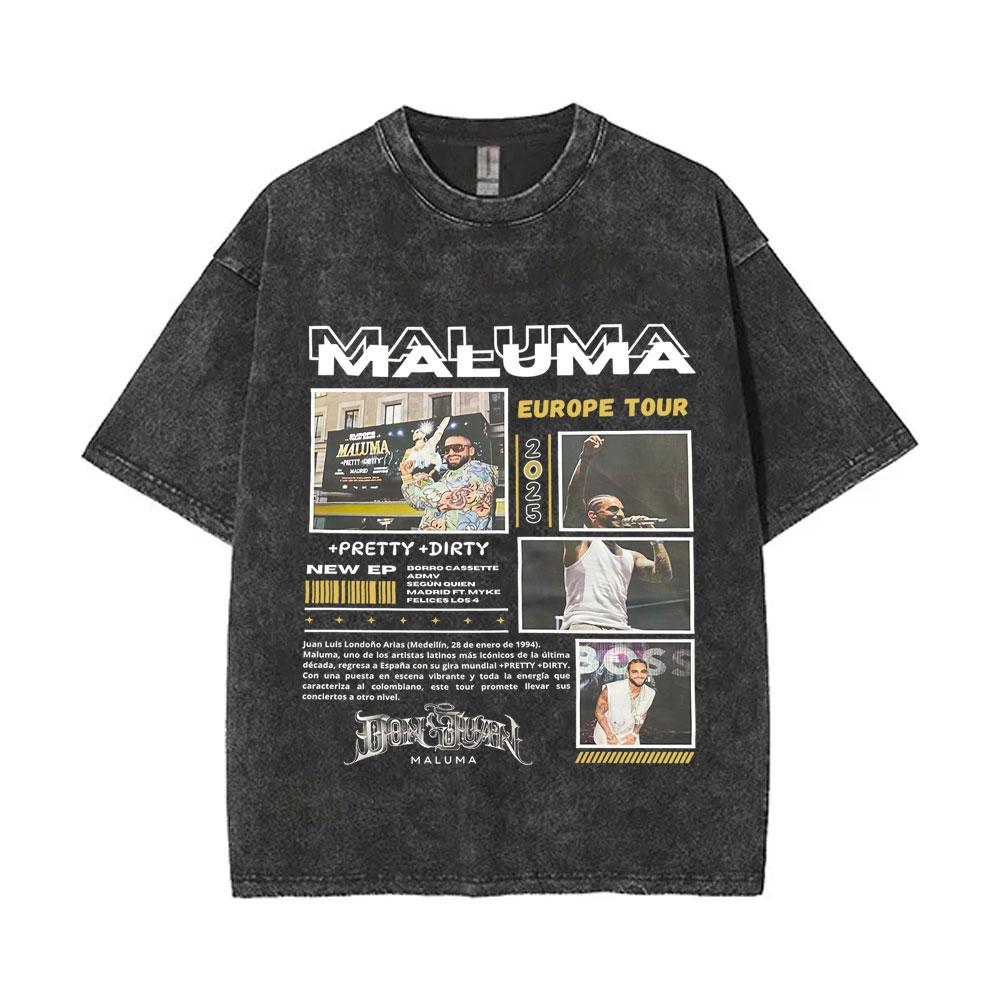 T-shirt Vintage Lavata Rapper Maluma Pretty Dirty Europet Tour Uomo Donna Moda Oversize Hip Hop Streetwear Maschile