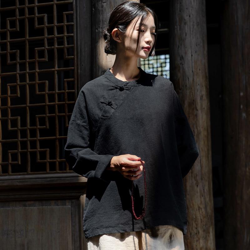 

2025 Autumn Cotton Linen Women s Retro Frog Button Long Sleeve Shirt One Size чёрный