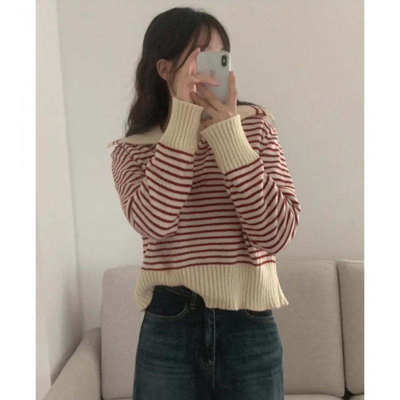 Striped Knit Sweater Women 2026 Fall Winter Loose Lazy Fit Contrast Color Collar Inner Outer Wear