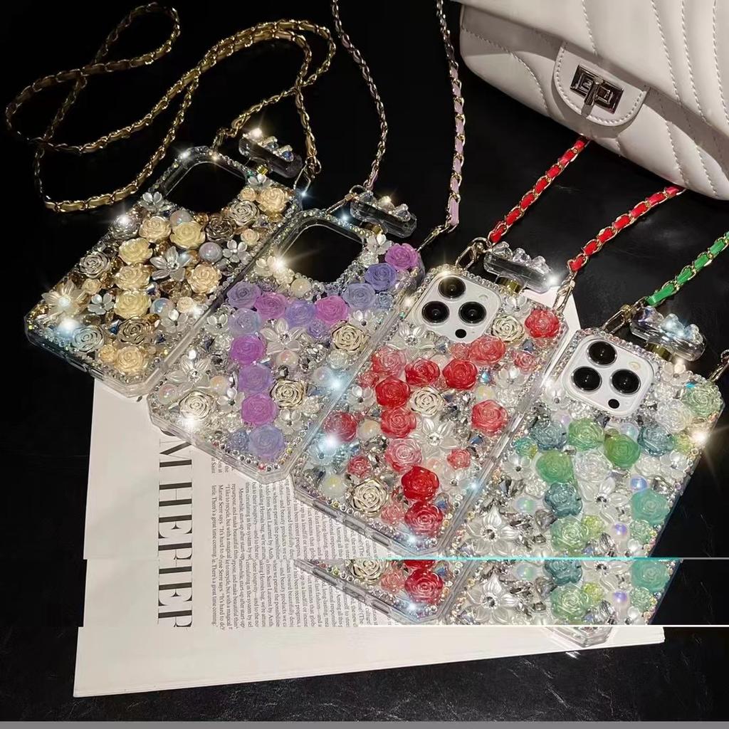 Kolorowa kryształowa róża kwiaty pokrywa dla Samsung S23 S22 S21 S20 Ultra Crossbody Rhinestone kształt butelki perfum etui na iphone 15 14 3 12 11 Pro Max