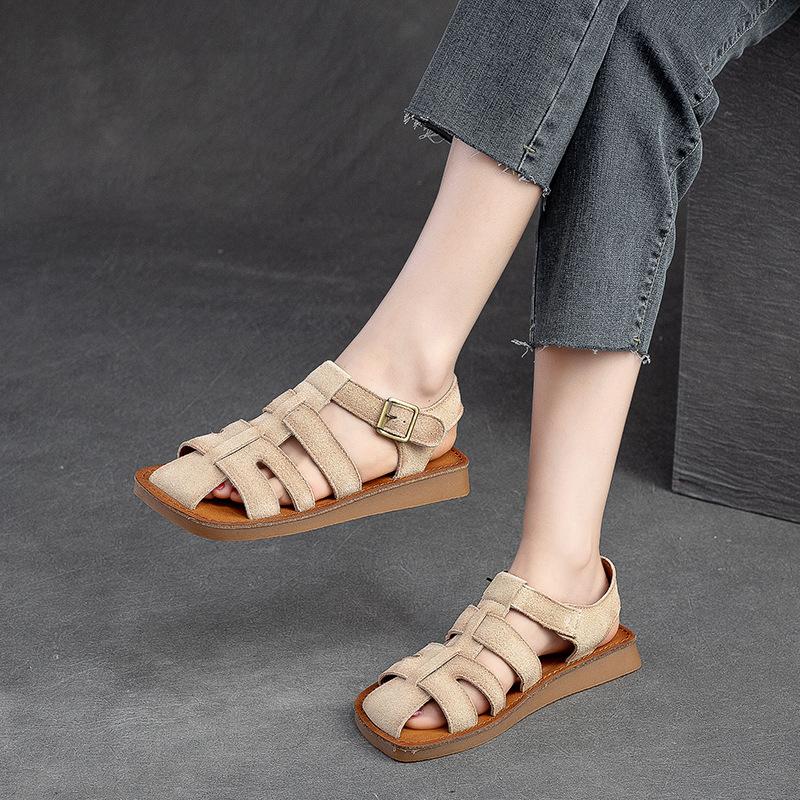 Fashion GKTINOO Wide Toed Flat Sandals 2025 Summer New Retro Genuine Leather Comfortable Soft Sole Versatile Women's Shoes