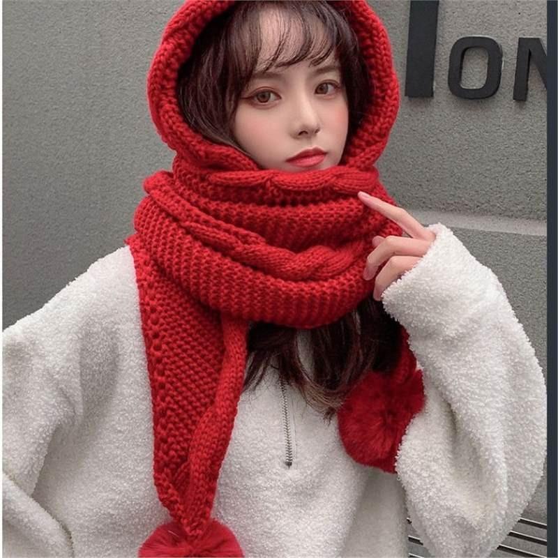 Wool hat women's autumn and winter versatile scarf integrated hat cute hairball ear protector thickened warm knitted hat
