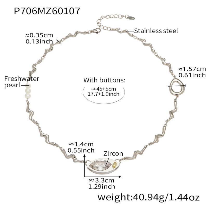 Stainless Steel Geometric Pendant Necklace With Zircon Stone Freshwater Pearl Texture Chain Women