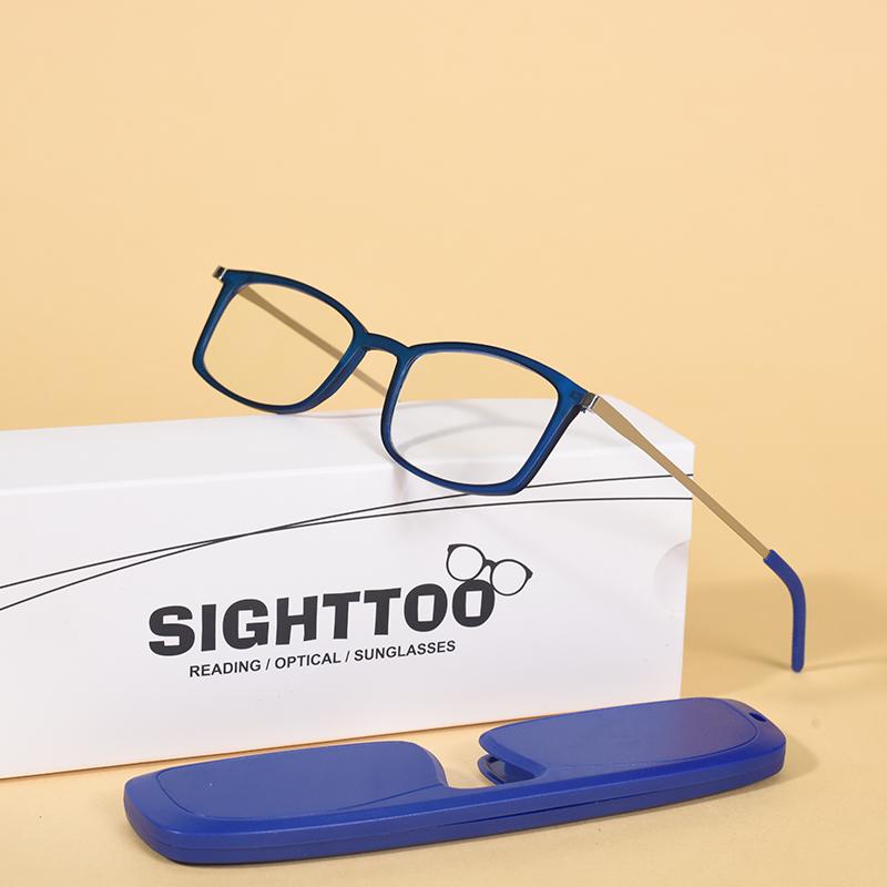 

Portable Reading Glasses Thin Blue Light Blocking Eyeglasses Men Women Square Magnifying Glasses Plus With Case+100+200 +200 синий