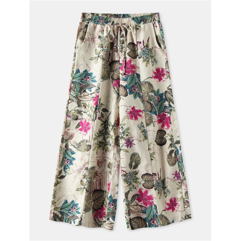 Pantaloni cu imprimeu floral Pantaloni largi din bumbac cu talie inalta