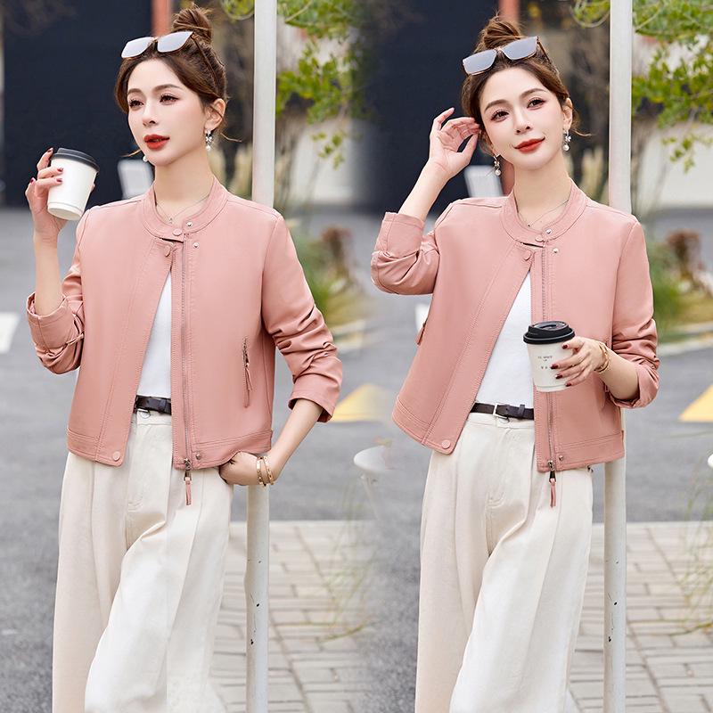2025 Spring Women's Stand Collar PU Leather Short Jacket - Petite Casual Style Z88096