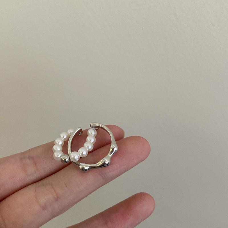 Elegant Double Layer Pearl Tassel Ring - Adjustable Geometric Design for Women