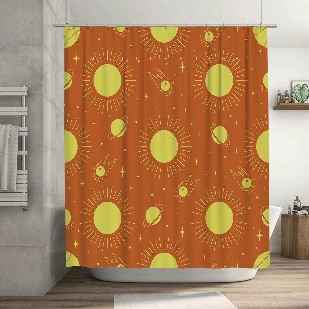 Space-themed Sun Shower Curtain Orange Planet with Yellow Solar System Design for Bathroom Decor (180x245cm)