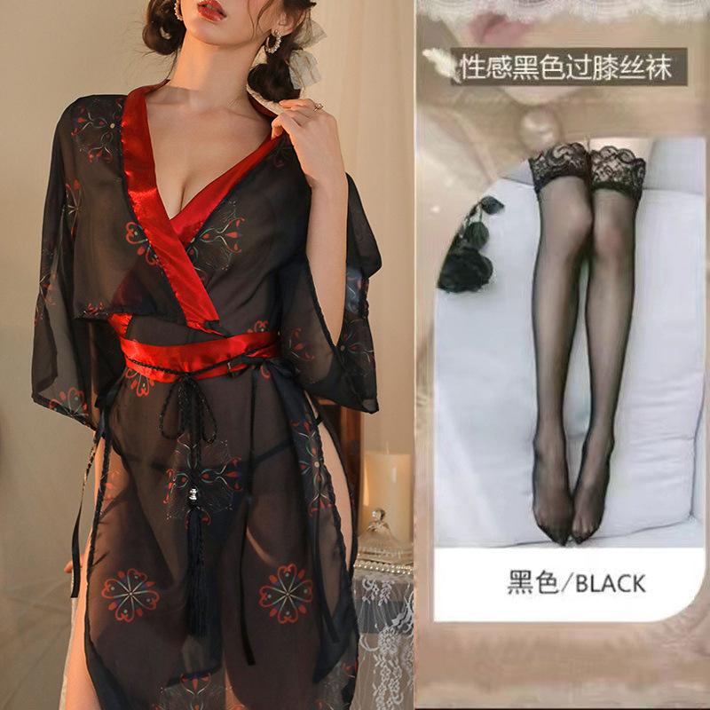 Sexy Lingerie Uniform Pure Desire Free Chiffon Pajamas Black Japanese Ancient Dress Printed Kimono Clothes Set