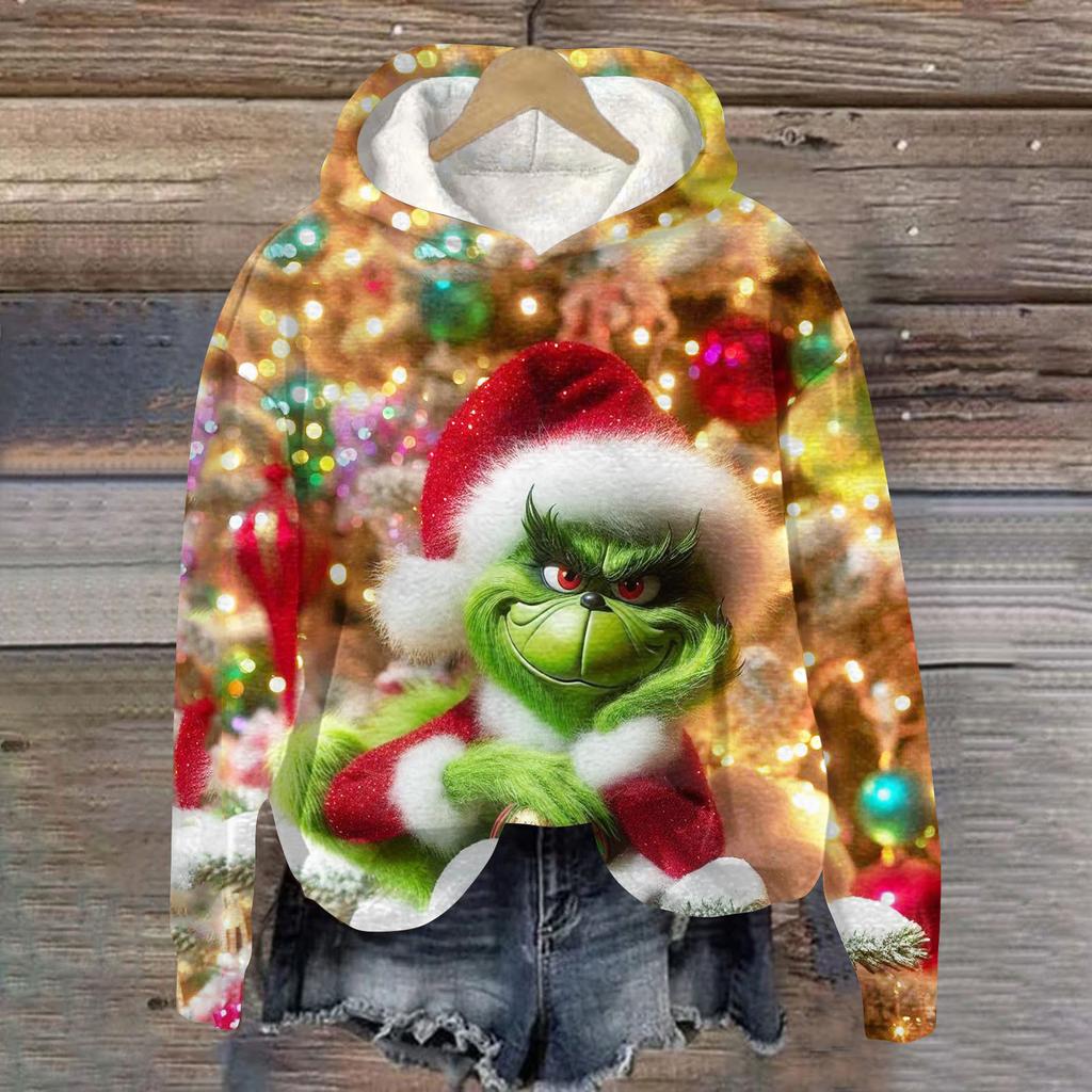 Ladies' Christmas Greentown Print Casual Long Sleeved Hooded Sweatshirt Top