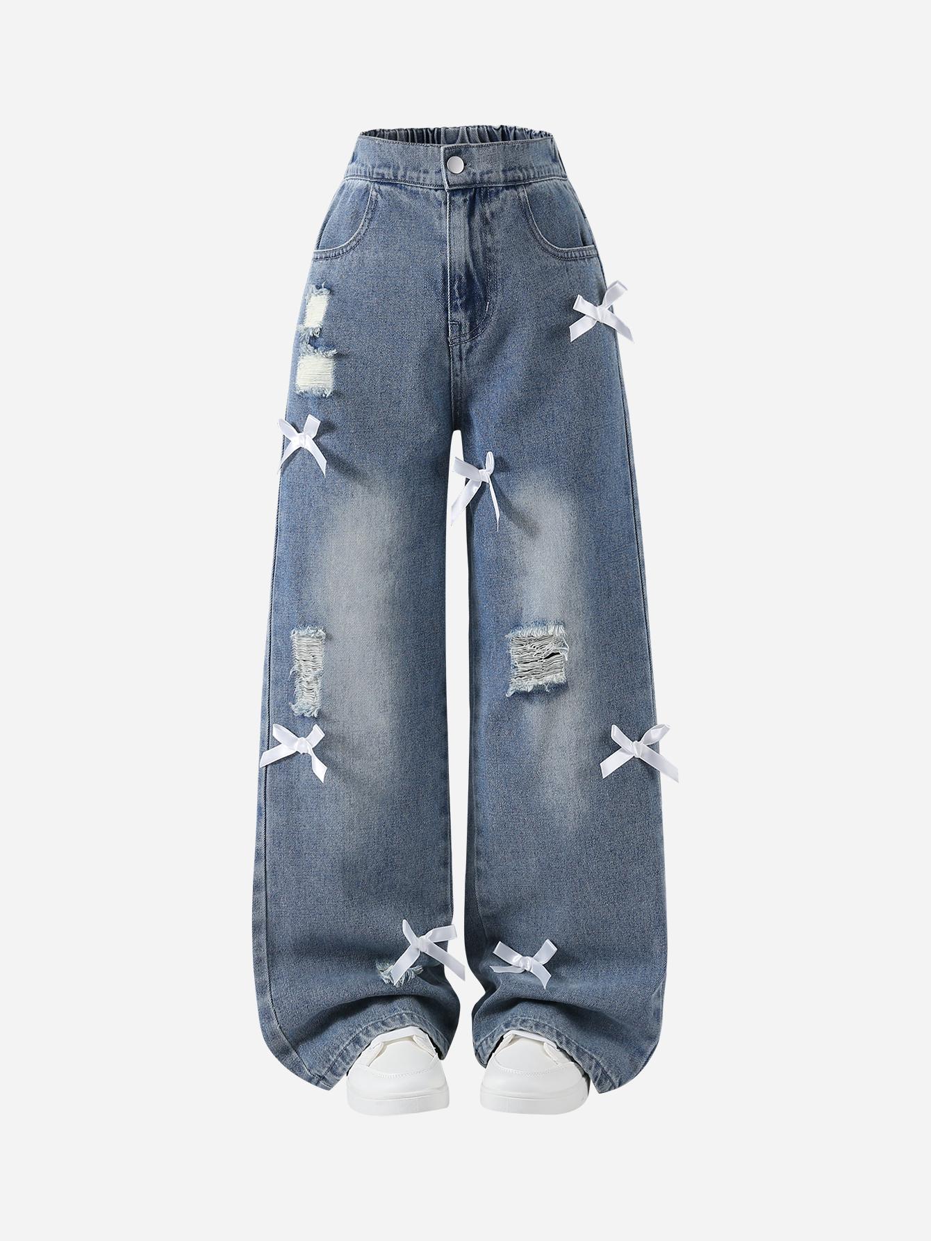 

Girls Casual & Versatile Retro-Style Straight-Leg Wide-Leg Jeans — Single Pair — Featuring Bowknot Embellishments and White Snowflake Spray Effect 8Y светло-синий