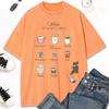 Cat People'S Coffee Illustration Print Women Washed T-Shirt Trendy Crewneck Tee Shirt Clothes Cotton Short Sleeve