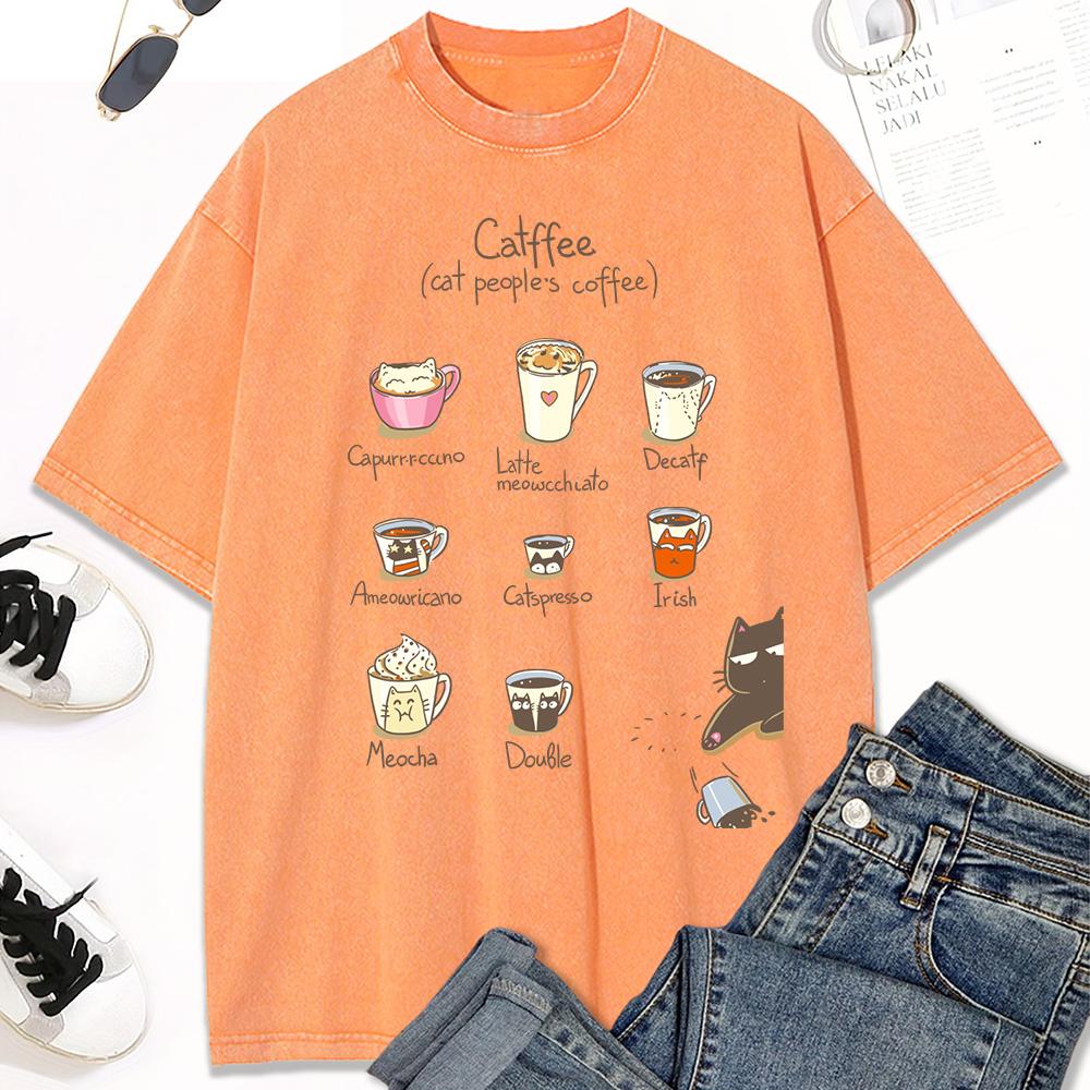 Cat People'S Coffee Illustration Print Women Washed T-Shirt Trendy Crewneck Tee Shirt Clothes Cotton Short Sleeve