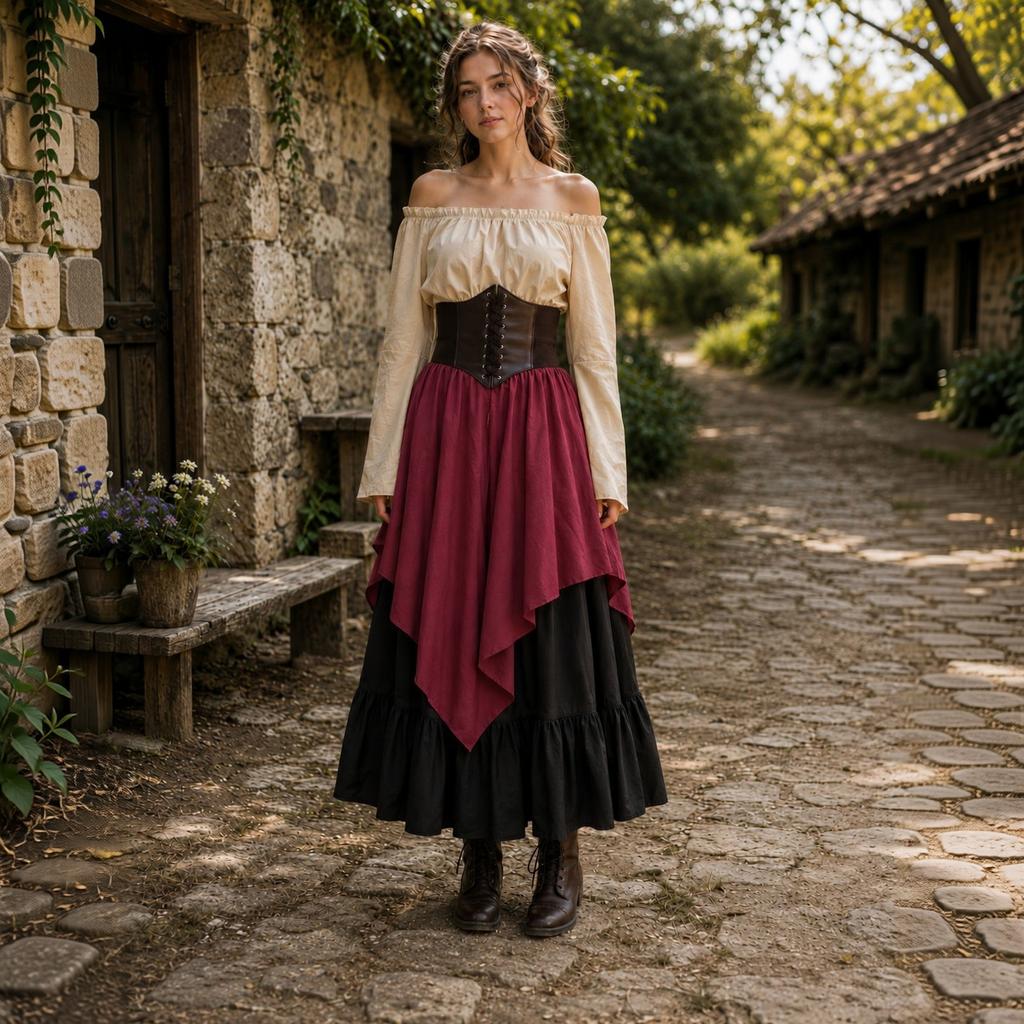 Completo da Donna Bohémien Gotico a 2 Pezzi con Top Off-Shoulder e Gonna Lunga con Cintura a Corsetto