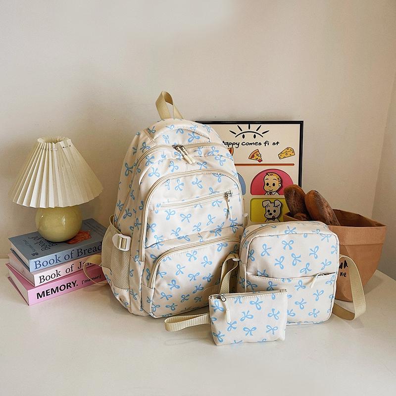 3Pcs/Set Bow Print Backpack With Crossbody Bag And Small Purse Bow Student Bookbag Simple Backpack For Elementary Middle Kids