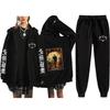 Unisex Winter Casual Sport Set With Anime Print Hooded Zip-Up Sweatshirt Jogger Pants Cotton Blend