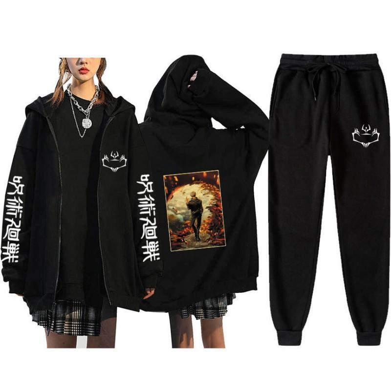Unisex Winter Casual Sport Set With Anime Print Hooded Zip-Up Sweatshirt Jogger Pants Cotton Blend