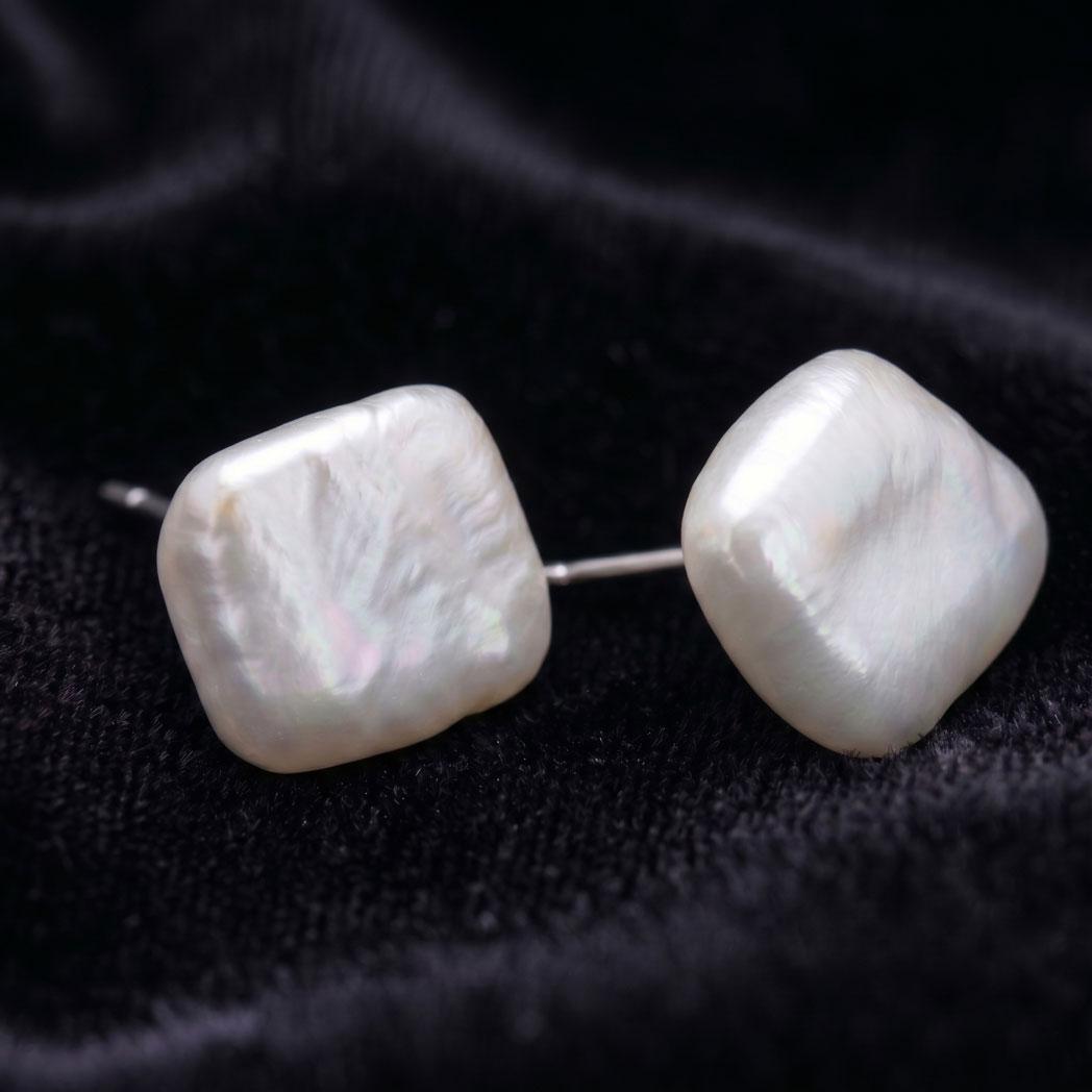 S925 Silver Square Baroque Pearl Earrings, Natural High Luster Geometric Studs, Minimalist Gift