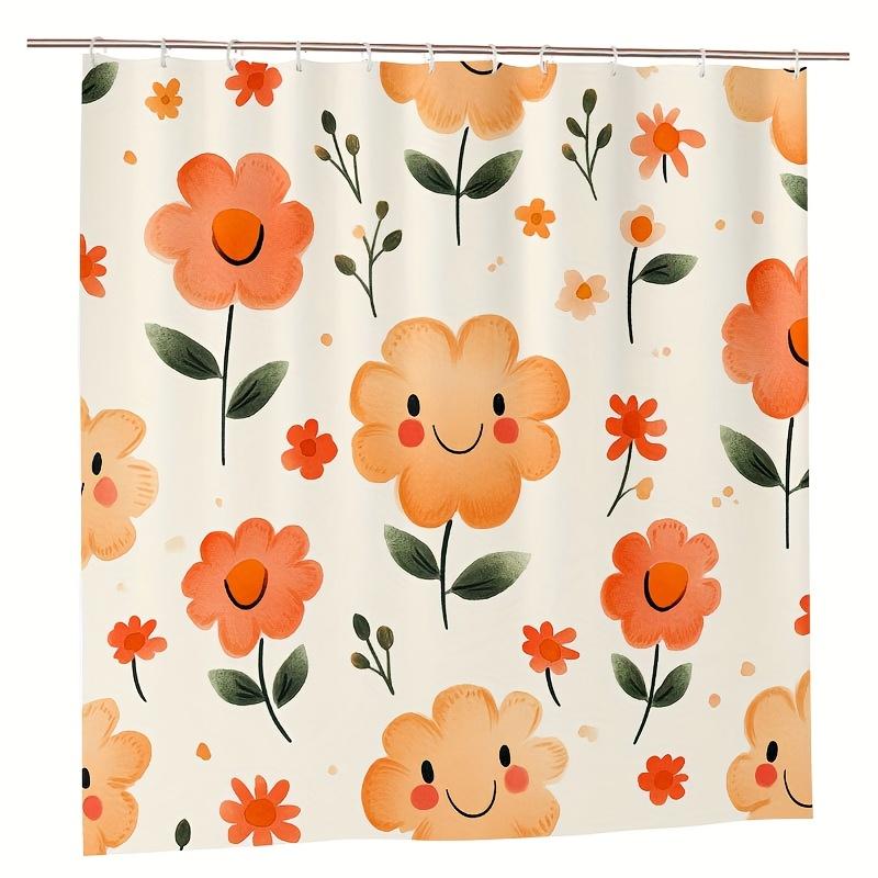 1pc Adorable Floral Shower Curtain,  Durable Polyester, Easy Clean, Vibrant Orange & Yellow Flowers