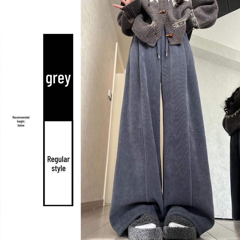 Women's High-Waisted Gray Corduroy Wide-Leg Pants - Autumn/Winter Plus Velvet Thickened Long-Leg Sports Sweatpants