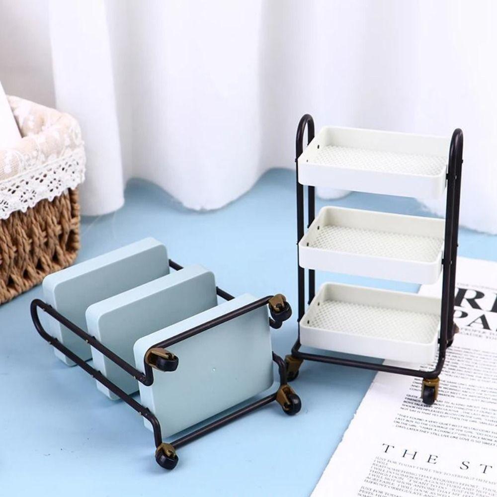 With Wheel 1:12 Dollhouse Trolley Plastic Storage Shelf Model  Kitchen Furniture Accessories
