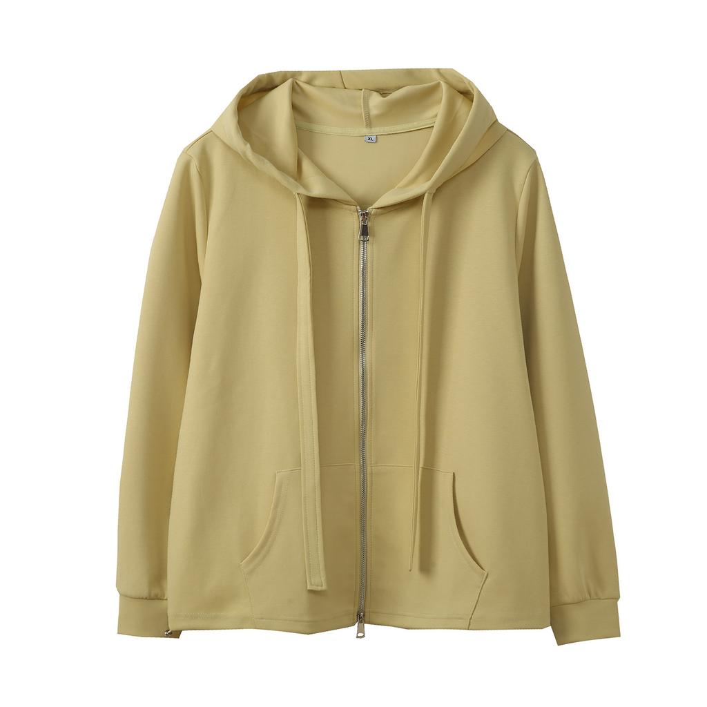 Large Size Women's Clothing Autumn New Solid Color Hooded Sweater Jacket Women's Zipper Pocket Top 333102