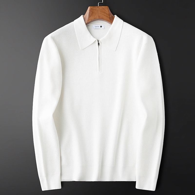 Warm Knitted Waffle Half Zip White Polo Shirt Men Long Sleeved Sweater Lapel Sweatshirt