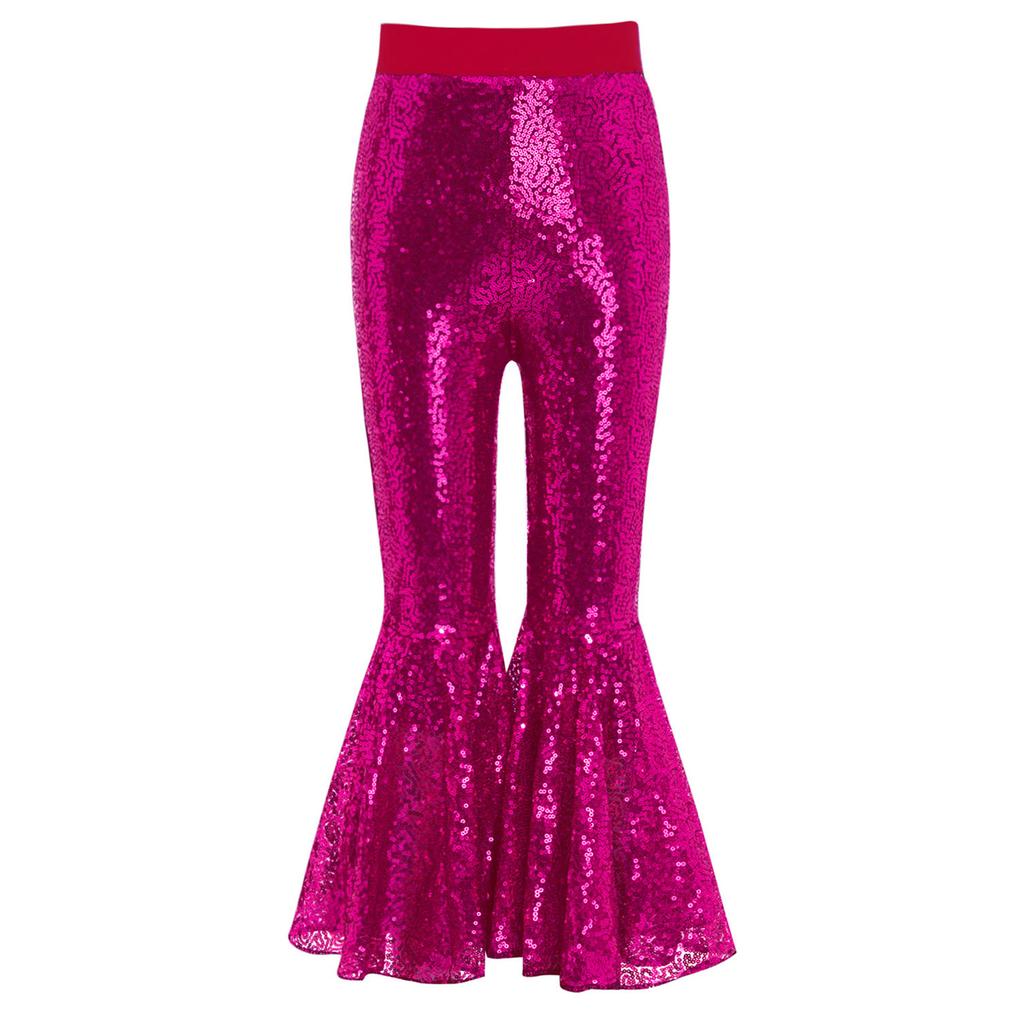 Girls Dance Performance Shiny Sequins Flared Pants Elastic Waistband Bell Bottom Trousers