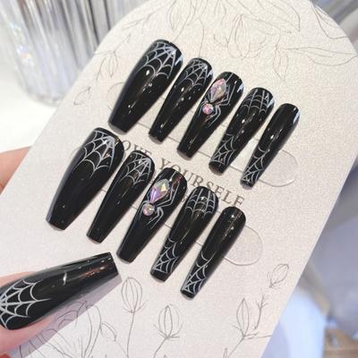 1 Set Halloween Spider Web Fake Nails with Glue Gothic Black Long