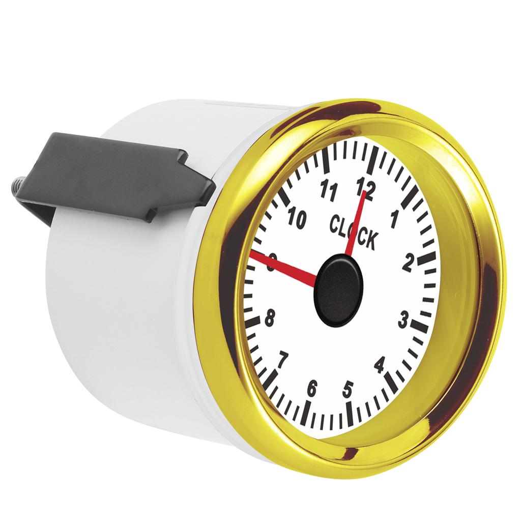 2in Universal Clock Gauge Instrument 0‑12 Hourmeter Red Backlight 12V 24V for Car Boat Yacht MotorcycleWhite Dial Gold
