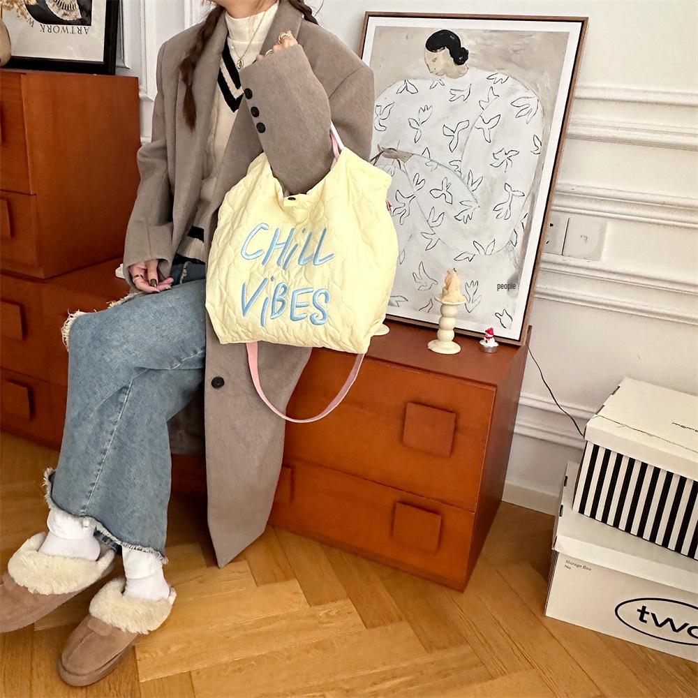Autumn/Winter Quilted Canvas Tote & Crossbody Bag with Korean Style Embroidered Lettering