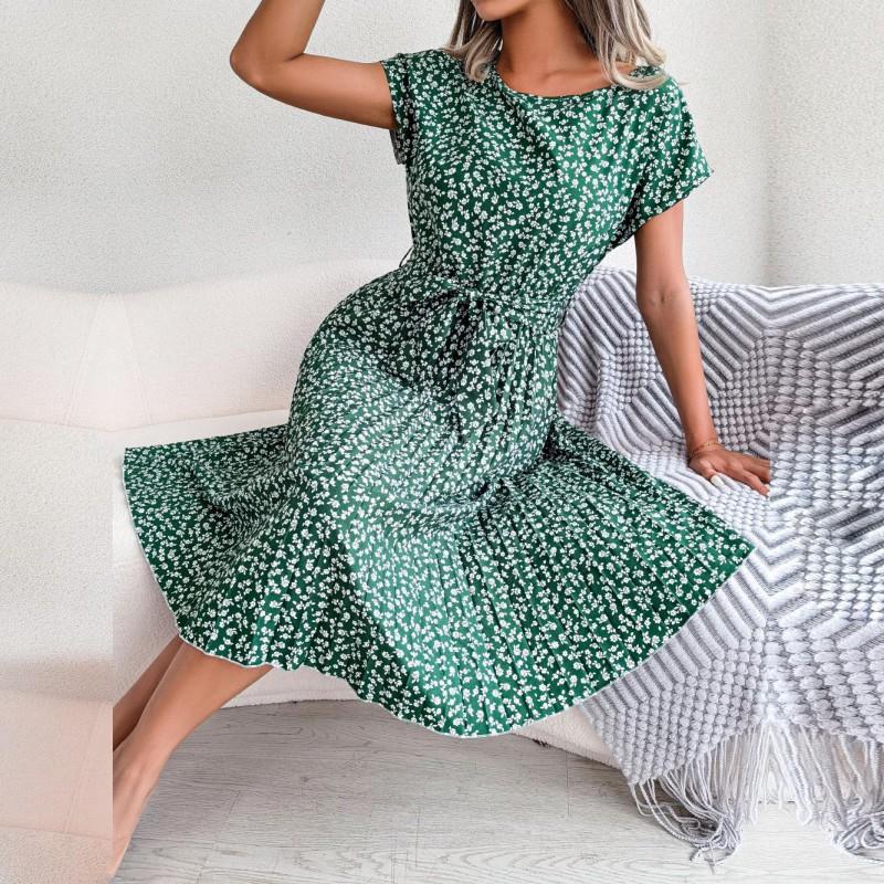 Abito Maxi da Donna con Stampa Floreale Manica Corta Pieghettato Vita Alta Linea ad A Casual Boho Chic Taglie Forti dalla S alla XL