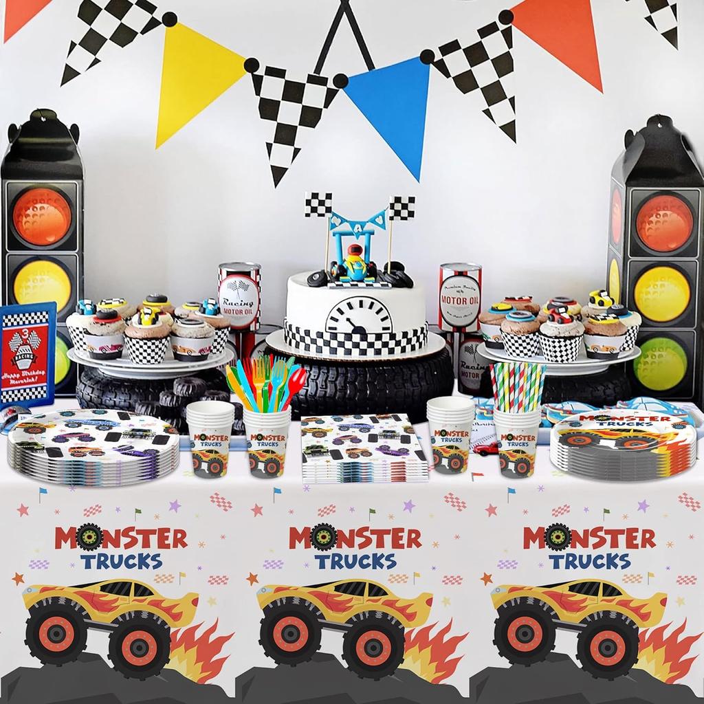 APOWBLS Monster Truck Birthday Party Tablecloth Supplies, 3 Pack Disposable Monster Theme Jam Party Decorations Table Cover, Monster Truck Table