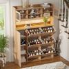 Shoe Cabinet with Glass & LED Lighting – Narrow Shoe Cabinet with 6 Tilt Compartments & 1 Door, Space-Saving for Hallway & Entryway, 130x25x180 Cm