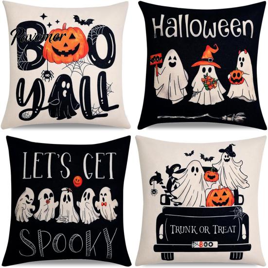 Square Sofa Cushion Protectors Halloween Ghost Cover, Retro Pumpkin Throw Pillow Case, 18x18 Covers Inch Washable Cover for Couch Bed Decor Breathable