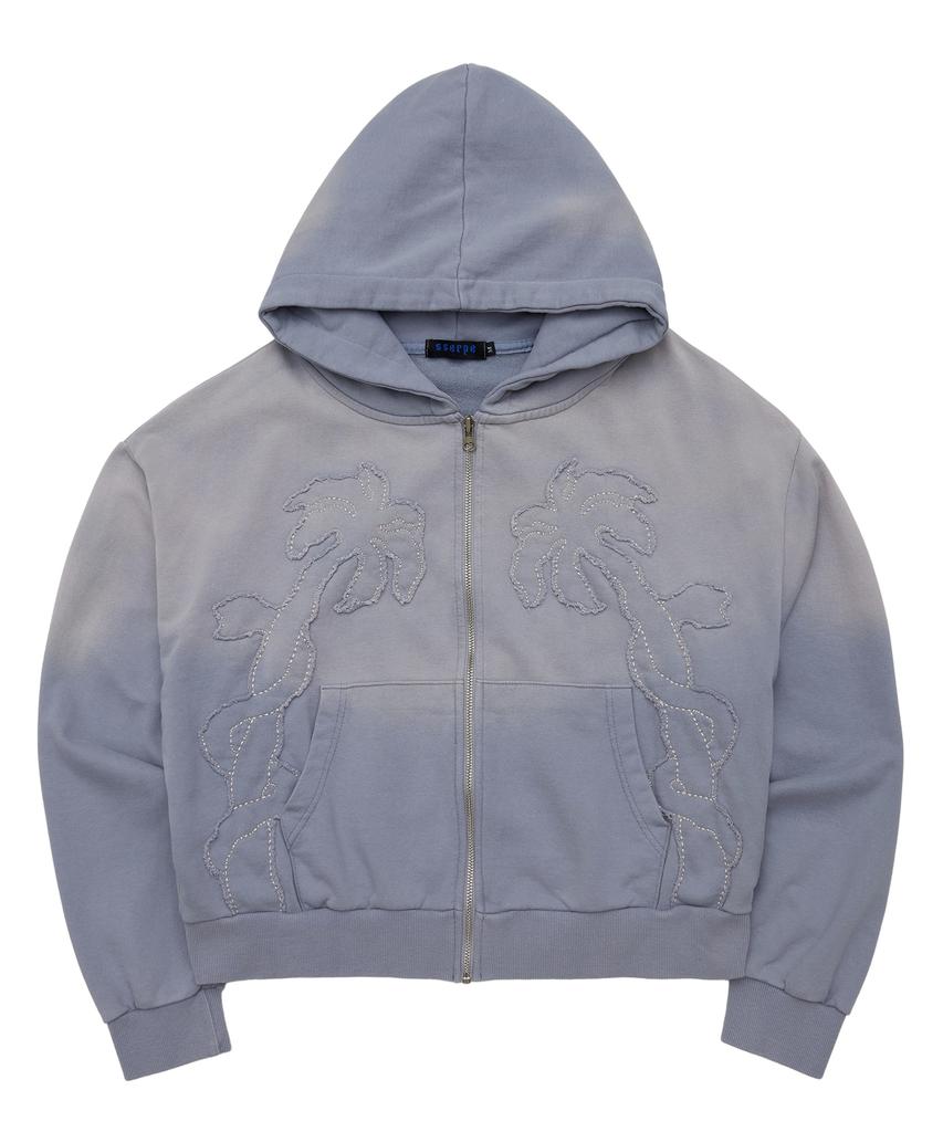 Sserpe Applique Bleach Washed Crop Zip-Up Hoodie Light Blue