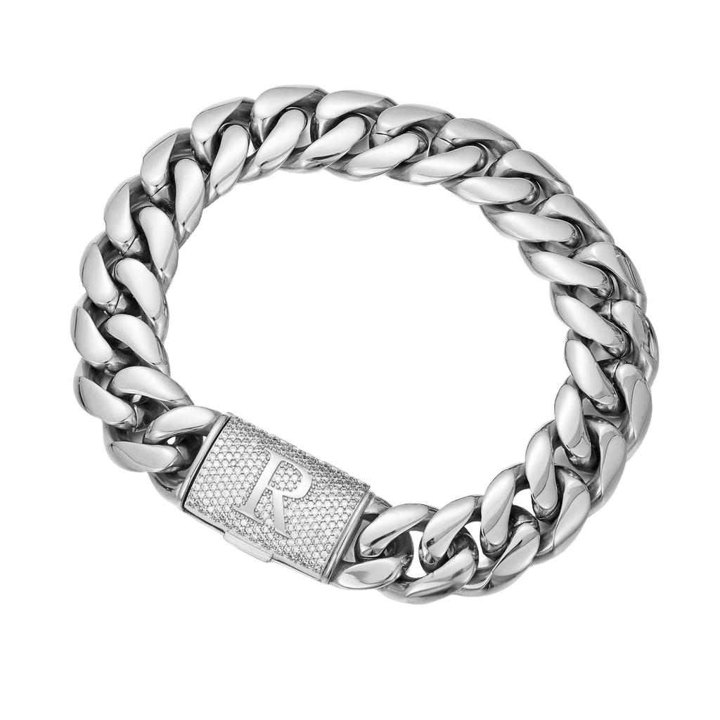 Hip Hop Bling CZ Jewelry A-Z 26 Alphabets Initial Letters Cuban Link Chain Stainless Steel Bracelet With Iced Buckle