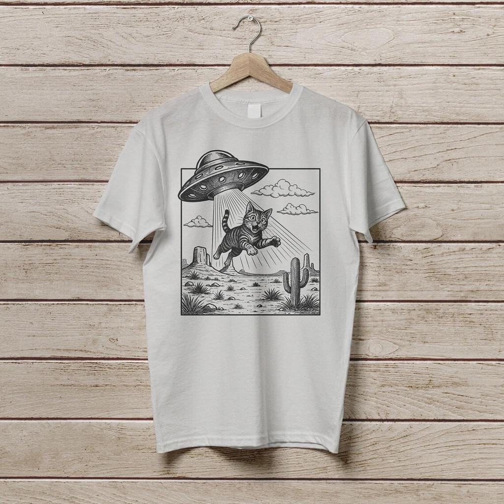 Vintage UFO Funny Cat Shirt, Retro UFO Cowboy Cat Abduction T-Shirt