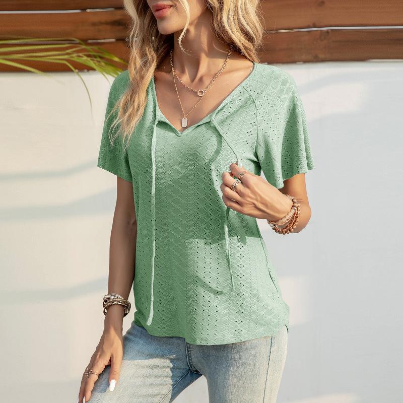 Spring Summer New Solid V-Neck Lace Up Short Sleeved T-shirt