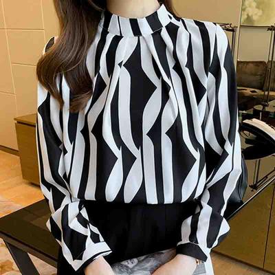 Herbst Mode Neu Langarm Damen Bluse Stehkragen Schwarz Weiß Gestreifte Chiffon Bluse Hemd Damen Oberteile J739