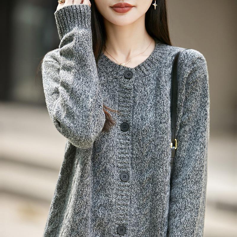 2026 Autumn/Winter Women's Cashmere Wool Cable Knit Cardigan, Round Neck, Long Sleeve, Loose Heather Yarn Sweater