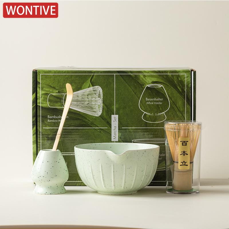 Zestaw Japońskiej Matchy 4/7 Szt. z Wypukłą Ceramiczną Miseczką, Bambusową Ubijaczką Matcha i Łyżeczką do Herbaty do Samodzielnego Robienia Herbaty, Akcesoria